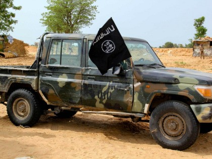 A vehicle allegedly belonging to the Islamic State group in West Africa (ISWAP) is seen in Baga on August 2, 2019. - Intense fighting between a regional force and the Islamic State group in West Africa (ISWAP) has resulted in dozens of deaths, including at least 25 soldiers and more …