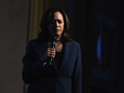 Democratic presidential hopeful California Senator Kamala Harris speaks on stage at "