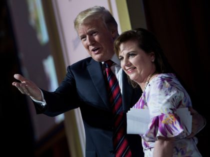 US President Donald Trump (L) and Marjorie Dannenfelser, President of Susan B. Anthony List, talk during the Susan B. Anthony List 11th Annual Campaign for Life Gala at the National Building Museum May 22, 2018 in Washington, DC. (Photo by Brendan Smialowski / AFP) (Photo credit should read BRENDAN SMIALOWSKI/AFP …