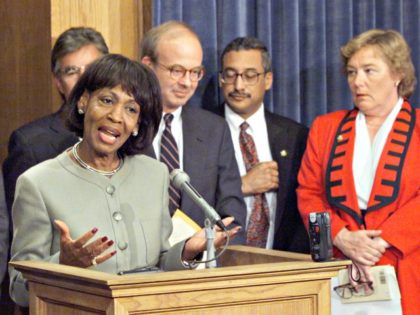 House Judiciary Committee member Rep. Maxine Waters, D-Ca., speaks to reporters during a press conference at the House Press Gallery on Thursday, October 8, 1998. House today authorized a wide-ranging impeachment inquiry of President Clinton, making him the third chief executive in history to face the threat of being removed …