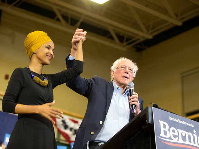 NASHUA, NH - DECEMBER 13: Democratic presidential candidate, Sen. Bernie Sanders (I-VT), and Representative Ilhan Omar (D-MN) on stage during Sanders' event at Nashua Community College on December 13, 2019 in Nashua, New Hampshire. The Iowa Caucuses are less than two months away. (Photo by Scott Eisen/Getty Images)