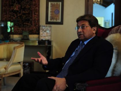 To go with Pakistan-unrest-politics-Afghanistan-India,INTERVIEW by Guillaume LAVALLÉE In this photograph taken November 14, 2014, Pakistan's former military ruler General Pervez Musharraf gestures during an interview with AFP in Karachi. The departure of NATO combat forces from Afghanistan could push India and Pakistan towards a proxy war in the troubled state …