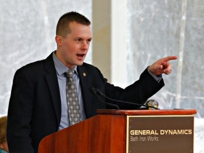 U.S. Rep. Jared Golden, D-Maine, speaks ceremony for a Zumwalt-class guided missile destro