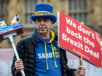 LONDON, ENGLAND - JANUARY 07: Anti-Brexit protester Steve Bray demonstrates with a placard and a toy boat outside the Houses of Parliament in Westminster on January 7, 2019 in London, England. MPs in Parliament are to vote on Theresa May's Brexit deal next week after last month's vote was called …