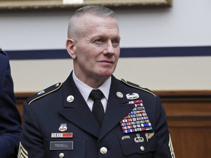 Senior Enlisted Advisor to the Chairman of the Joint Chiefs, Command Sgt. Major Command Sergeant Major John Wayne Troxell stands before a hearing of the House Armed Services Committee on the FY2019 budget, on Capitol Hill, Thursday, April 12, 2018 in Washington. (AP Photo/Alex Brandon)