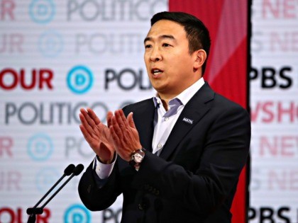 LOS ANGELES, CALIFORNIA - DECEMBER 19: Democratic presidential candidate former tech executive Andrew Yang speaks during the Democratic presidential primary debate at Loyola Marymount University on December 19, 2019 in Los Angeles, California. Seven candidates out of the crowded field qualified for the 6th and last Democratic presidential primary debate …
