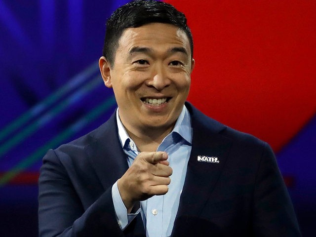 Democratic presidential hopeful, US entrepreneur, Andrew Yang gestures as he speaks at the California Democratic Party 2019 Fall Endorsing Convention in Long Beach, California on November 16, 2019. (Photo by CHRIS CARLSON / POOL / AFP) (Photo by CHRIS CARLSON/POOL/AFP via Getty Images)