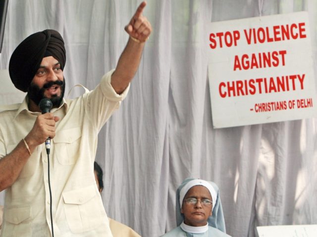 Chairman of The All India Anti-Terrorist Front (AIATF) Maninder Singh Bitta (2L) gestures as he voices his support for Indian Christians during a rally in New Delhi on October 1, 2008, to protest against continued anti-Christian violence in the southern Indian state of Karnataka and the eastern state of Orissa. …
