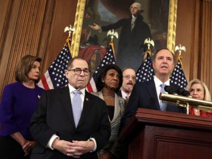 WASHINGTON, DC - DECEMBER 10: Chairman of House Intelligence Committee Rep. Adam Schiff (D-CA) (2nd-R) speaks as (L-R) Speaker of the House Rep. Nancy Pelosi (D-CA), Chairman of House Judiciary Committee Rep. Jerry Nadler (D-NY), Chairwoman of House Financial Services Committee Rep. Maxine Waters (D-CA), Chairman of House Foreign Affairs …