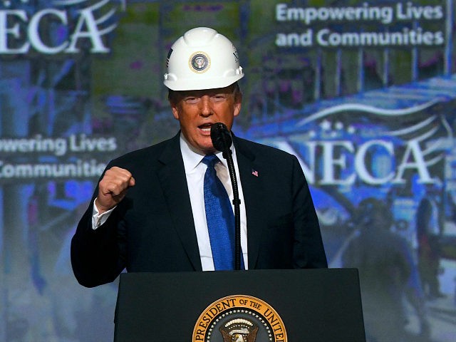 PHILADELPHIA, PA - OCTOBER 2: U.S. President Donald Trump wears a hard hat as he addresses