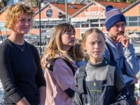 LISBON, PORTUGAL - DECEMBER 03: (L-R) British professional yachtswoman Nicola Henderson, yacht owners Elayna Carausu and her husband Riley Whitelum, with their son, and Swedish teen climate activist Greta Thunberg in Santo Amaro Recreation dock on December 03, 2019 in Lisbon, Portugal. Greta Thunberg sailed from Norfolk, Virginia, USA , …