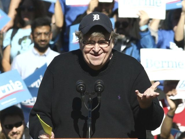 Michael Moore speaks at the "Bernie's Back Rally" at Queensbridge Park, Lon