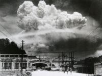 View of the radioactive plume from the bomb dropped on Nagasaki City, as seen from 9.6 km away, in Koyagi-jima, Japan, August 9, 1945. The US B-29 superfortress Bockscar dropped the atomic bomb nicknamed 'Fat Man,' which detonated above the ground, on northern part of Nagasaki City just after 11am. …