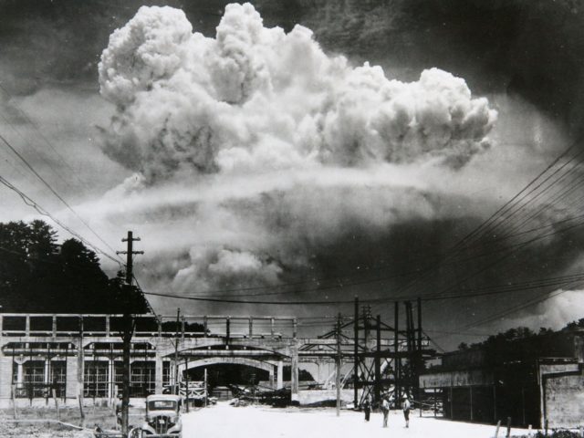 View of the radioactive plume from the bomb dropped on Nagasaki City, as seen from 9.6 km
