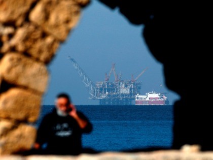 A view of the platform of the Leviathan natural gas field in the Mediterranean Sea is pictured from the Israeli northern coastal city of Caesarea on December 19, 2019. - Israel has approved the export of gas from its offshore reserves to Egypt, a spokeswoman said on December 17, with …