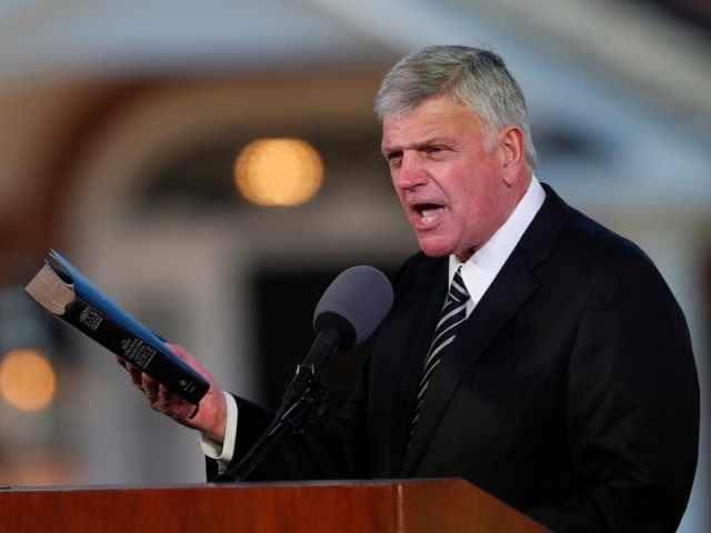 In this March 2, 2018 file photo, Pastor Franklin Graham speaks during a funeral service a