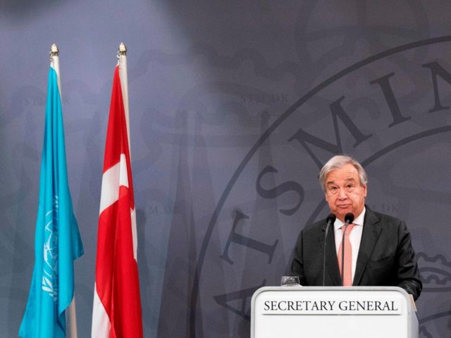 Prime Minister Mette Frederiksen and UN Secretary-General António Guterres hold a press conference in the Mirror Hall at Christiansborg Palace in Copenhagen, on October 10, 2019. (Photo by Claus Bech / Ritzau Scanpix / AFP) / Denmark OUT (Photo by CLAUS BECH/Ritzau Scanpix/AFP via Getty Images)