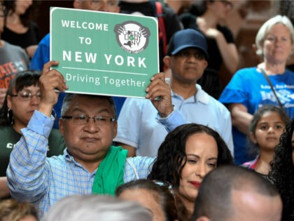 In this June 17, 2019 file photo, a protester holds a sign as members of the state Assembly speak in favor of legislation of the Green Light Bill, granting undocumented immigrant driver's licenses during a rally at the state Capitol, in Albany, N.Y. The bill passed making New York the …