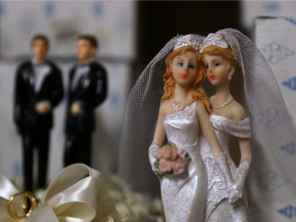 Same-sex marriage cake toppers are displayed on a shelf at Fantastico on December 5, 2017