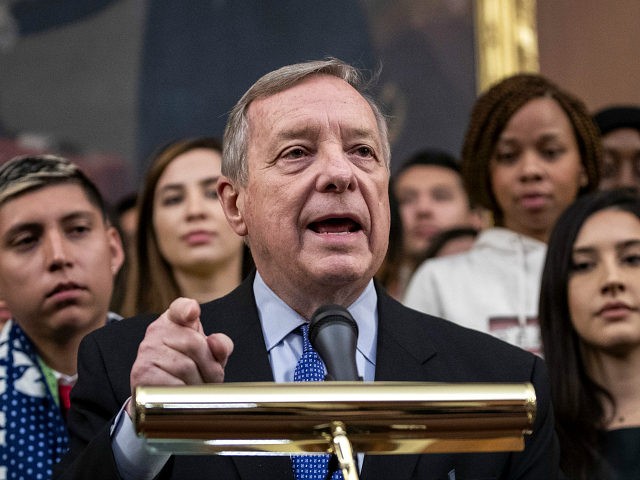 WASHINGTON, DC - NOVEMBER 12: Sen. Dick Durbin (D-IL) speaks at a press conference with DACA recipients to discuss the Supreme Court case involving Deferred Action for Childhood Arrivals (DACA) at the U.S. Capitol on November 12, 2019 in Washington, DC. On Tuesday morning, the Supreme Court heard oral arguments …