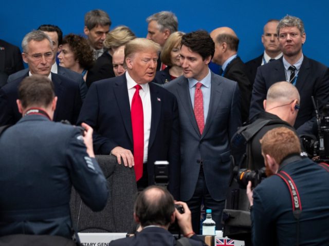HERTFORD, ENGLAND - DECEMBER 04: UK Prime Minister Boris Johnson (R) U.S. President Donald Trump (L) and Canadian Prime Minister Justin Trudeau (C) attend the NATO summit at the Grove Hotel on December 4, 2019 in Watford, England. France and the UK signed the Treaty of Dunkirk in 1947 in …