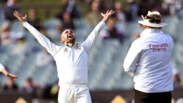 Australia's spinner Nathan Lyon reacts after appealling successfully for lbw against Pakistan's Yasir Shah Lyon takes five as Australia thrash Pakistan with day to spare