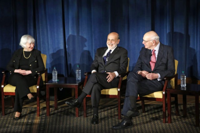 Obit Paul Volcker Janet Yellen, Ben Bernanke, Paul Volcker In this April 7, 2016, file photo Federal Reserve chair Janet Yellen, left, and former Federal Reserve chairs Ben Bernanke, center, and Paul Volcker, right, react as they listen to former Fed Chair Alan Greenspan appearing via video conference, during a panel discussion in New York. Volcker, the former Federal Reserve chairman died on Sunday, Dec. 8, 2019, according to his office, He was 92. (AP Photo/Kathy Willens, File) The Associated Press