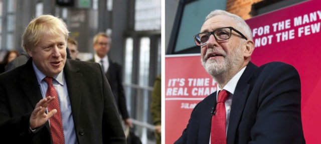 Britain Brexit Election This combo photo shows at left, Britain's Prime Minister Boris Johnson arrives to board a train in London, Friday Dec. 6, 2019, and at right, Britain's Labour Party leader Jeremy Corbyn speaks during a press conference in London, Friday, Dec. 6, 2019. The upcoming Dec. 12 General Election sees the two main political parties calling for different ways of dealing with Britain's Brexit split from Europe. (AP Photo combo) The Associated Press
