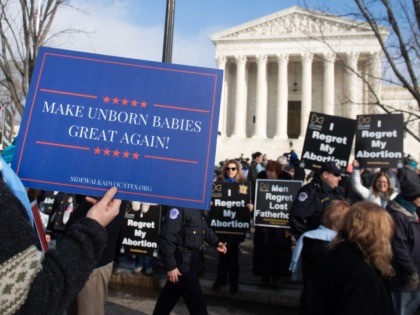 Anti-abortion activists participate in the "March for Life," an annual event to mark the anniversary of the 1973 Supreme Court case Roe v. Wade, which legalized abortion in the US, outside the US Supreme Court in Washington, DC, January 18, 2019. (Photo by SAUL LOEB / AFP) (Photo credit should …