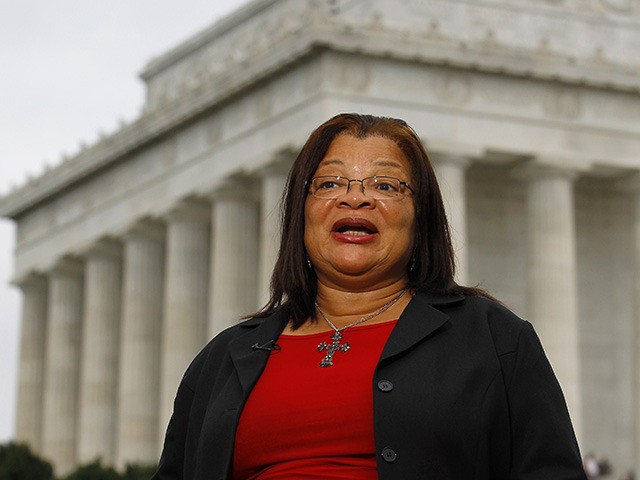 Alveda King, the niece of Martin Luther King, Jr., speaks during a television interview before the Glenn Beck 'Restoring Honor' rally in front of the Lincoln Memorial in Washington Saturday, Aug. 28, 2010.(AP Photo/Alex Brandon)