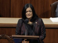 Rep. Pramila Jayapal, D-Wash., speaks as the House of Representatives debates the articles of impeachment against President Donald Trump at the Capitol in Washington, Wednesday, Dec. 18, 2019. (House Television via AP)