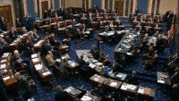 In this image from video, Senators vote to table an amendment by Senate Minority Leader Chuck Schumer, D-N.Y., during the impeachment trial against President Donald Trump in the Senate at the U.S. Capitol in Washington, Wednesday, Jan. 22, 2020. (Senate Television via AP)