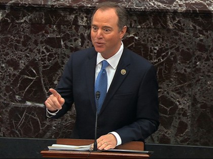 In this image from video, House impeachment manager Rep. Adam Schiff, D-Calif., speaks dur