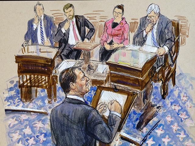 This artist sketch depicts House impeachment manager Rep. Adam Schiff, D-Calif., addressin