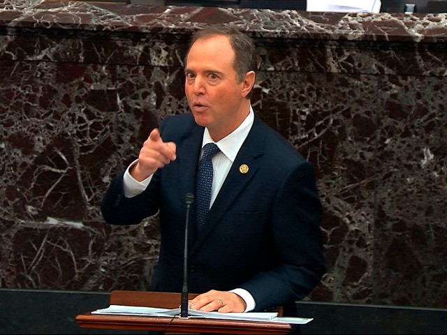In this image from video, House impeachment manager Rep. Adam Schiff, D-Calif., speaks during the impeachment trial against President Donald Trump in the Senate at the U.S. Capitol in Washington, Wednesday, Jan. 22, 2020. (Senate Television via AP)