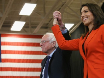 GETTYSBURG, PA - APRIL 22: Sen. Bernie Sanders (I-VT), is introduced to speak by Rep.Tulsi