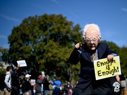 A supporter masked as 2020 Democratic presidential hopeful Bernie Sanders cheers while wai