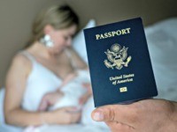 In this photo taken on Jan. 24, 2019, Denis Wolok, the father of 1-month-old Eva's father, shows the child's U.S. passport during an interview with The Associated Press in Hollywood, Fla. Every year, hundreds of pregnant Russian women, like Wolok's wife, Olga Zemlyanaya, travel to the United States to give …