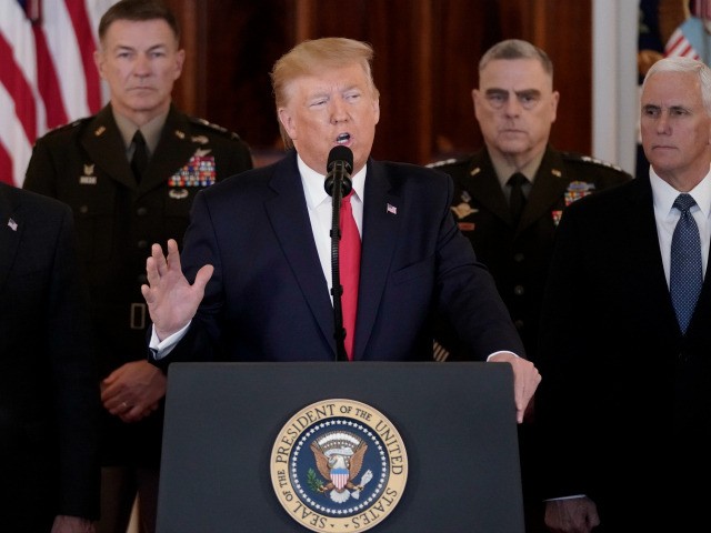 U.S. President Donald Trump speaks from the White House on January 08, 2020 in Washington,