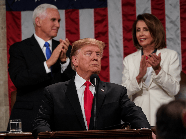 U.S. President Donald Trump, with Speaker Nancy Pelosi and Vice President Mike Pence looking on, delivers the State of the Union address in the chamber of the U.S. House of Representatives at the U.S. Capitol Building on February 5, 2019 in Washington, DC. President Trump's second State of the Union …