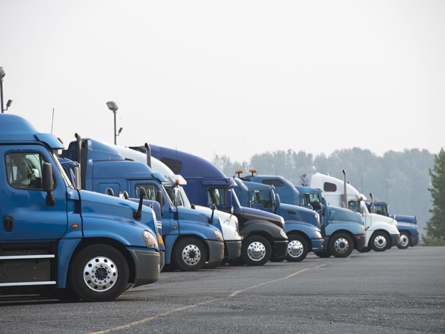 Profiles of different big rig long haul semi trucks with high cab standing on parking lot