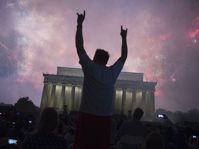 WASHINGTON, DC - JULY 04: A fireworks display follows the "Salute to America" ce