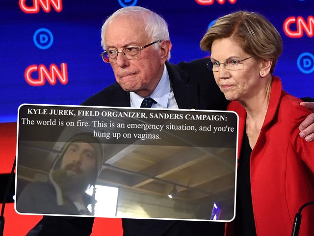 (INSET: Project Veritas screenshot of Sanders field organizer Kyle Jurek) (FILES) In this file photo taken on July 30, 2019 Democratic presidential hopefuls US Senator from Vermont Bernie Sanders (L) and US Senator from Massachusetts Elizabeth Warren hug after participating in the first round of the second Democratic primary debate …
