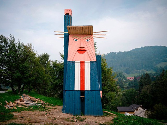 A wooden structure made to resemble US President Donald Trump is constructed in the villag