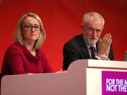 BRIGHTON, ENGLAND - SEPTEMBER 24: Shadow Secretary of State for Business, Energy & Industrial Strategy Rebecca Long-Bailey and Labour leader Jeremy Corbyn on the fourth day of the Labour Party conference on September 24, 2019 in Brighton, England. Yesterday delegates voted to endorse the leadership’s preferred position of neutrality on …