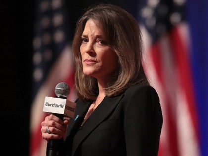 CEDAR RAPIDS, IOWA - SEPTEMBER 20: Democratic presidential candidate and self-help author Marianne Williamson speaks at a LGBTQ presidential forum at Coe College’s Sinclair Auditorium on September 20, 2019 in Cedar Rapids, Iowa. The event is the first public event of the 2020 election cycle to focus entirely on LGBTQ …