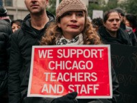 CHICAGO, IL - OCTOBER 23: Thousands of demonstrators took to the streets of Downtown Chicago, stopping traffic and circling City Hall in a show support for the ongoing teachers strike on October 23, 2019 in Chicago, Illinois. Union teachers and school staff members are demanding more funding from the city …