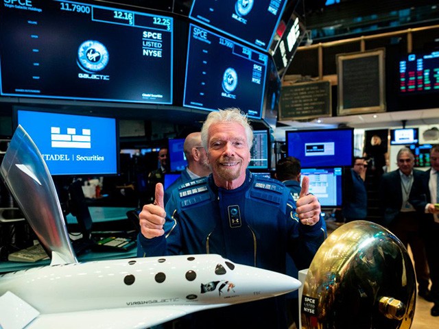 Richard Branson, Founder of Virgin Galactic poses before ringing the First Trade Bell to commemorate the company's first day of trading on the New York Stock Exchange (NYSE) on October 28, 2019 in New York City. (Photo by Johannes EISELE / AFP) (Photo by JOHANNES EISELE/AFP via Getty Images)