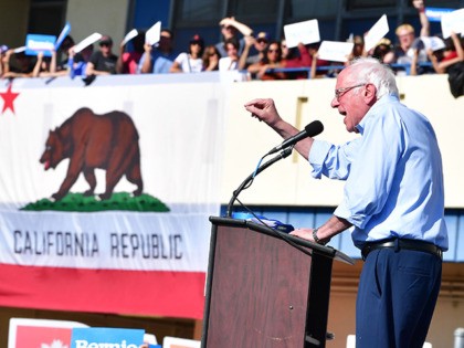 Democratic presidential hopeful, Vermont Senator, Bernie Sanders speaks to supporters duri