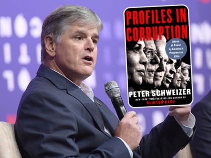 (INSET: Cover of 'Profiles in Corruption' book) NASHVILLE, TENNESSEE - OCTOBER 26: Sean Hannity (L) and Steven Olikara speak onstage during the 2019 Politicon at Music City Center on October 26, 2019 in Nashville, Tennessee. (Photo by Jason Kempin/Getty Images for Politicon )